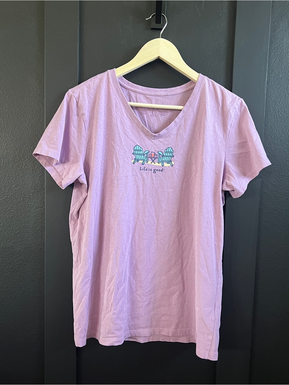 Life Is Good Lavender Short Sleeve V-Neck Tee with Beach Chair Graphic